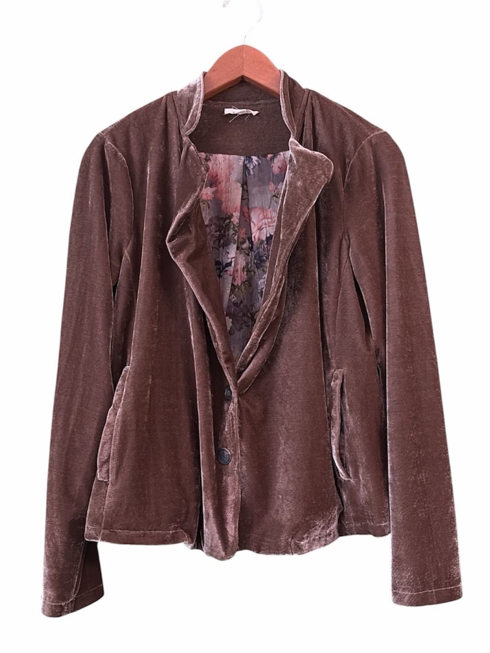 Mystree Brown Velvet Blazer Jacket Floral Lining Dusty Mauve Brown Sz S